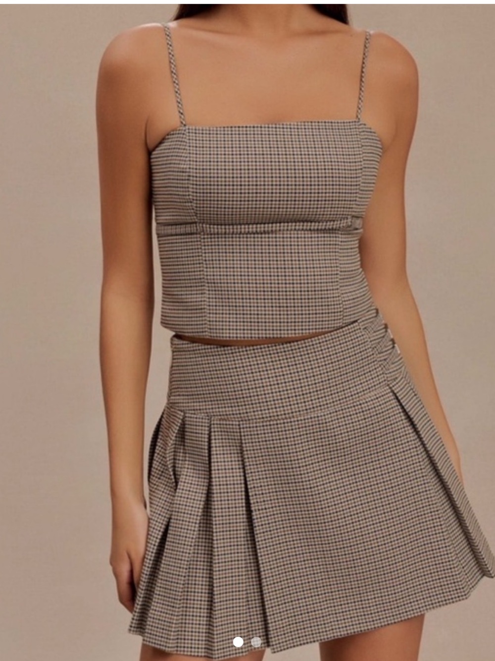 Meshki Beige and Black Plaid Pleated Mini Skirt Set